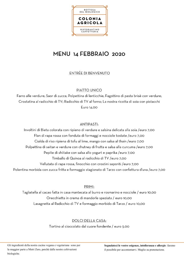menù San Valentino 2020 Colonia Agricola
